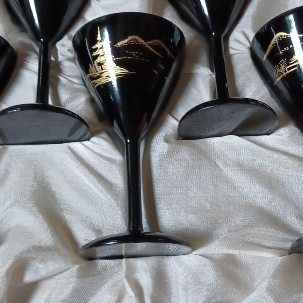 Japanese wooden lacquerware wine glass set and tray in box, vintage